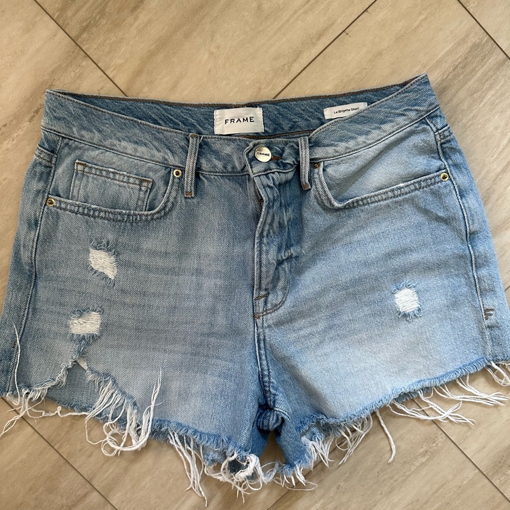 Frame Le Brigette Denim Blue Distressed Jean Shorts